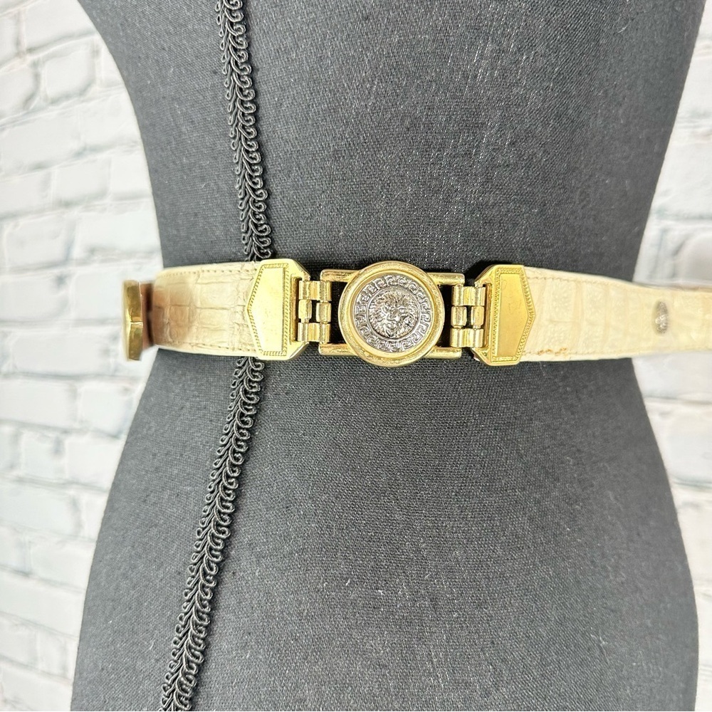 Vintage El General Genuine Caiman Skin Belt Cream Gold Metal Lion Western 40 - Picture 13 of 16